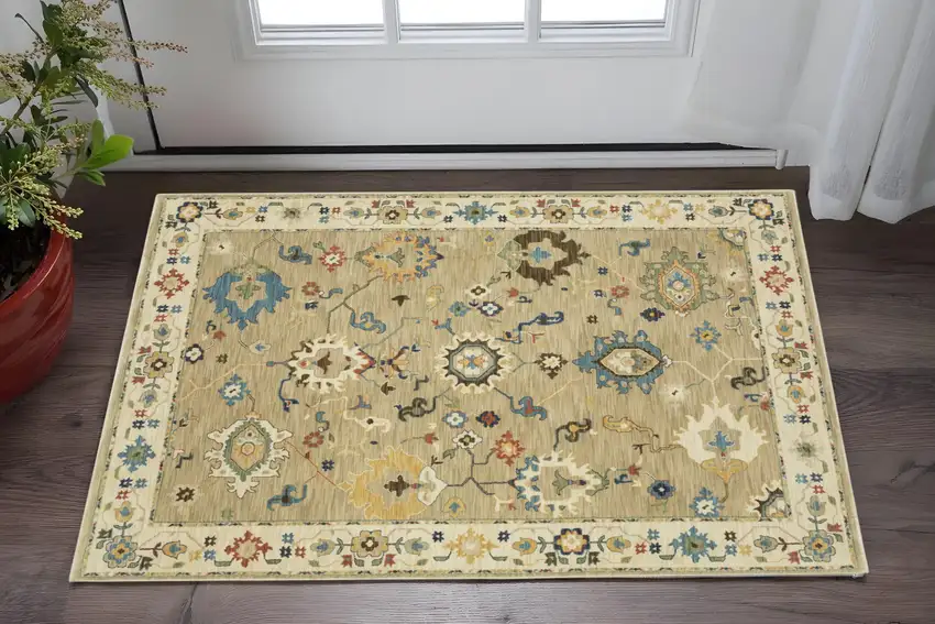 Beige Dark Orange And Blue Oriental Area Rug With Fringe Photo 1