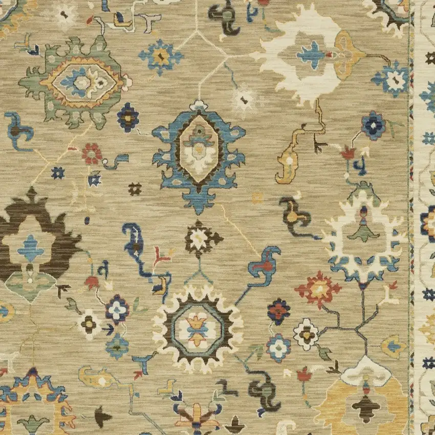 Beige Dark Orange And Blue Oriental Area Rug With Fringe Photo 9