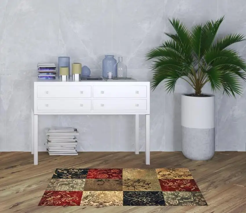 Beige Deep Red Black And Moss Green Geometric Power Loom Stain Resistant Area Rug Photo 2
