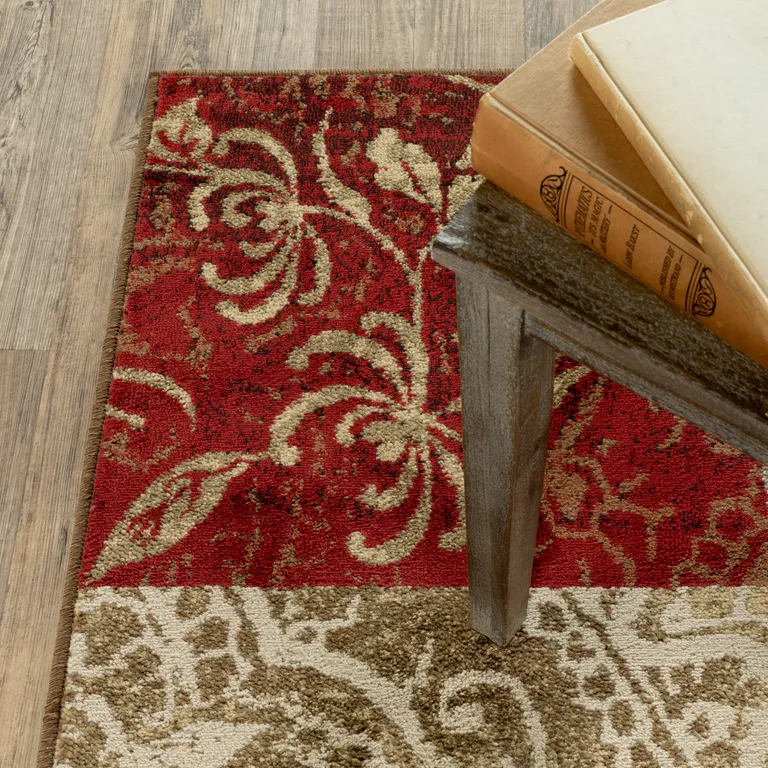 Beige Deep Red Black And Moss Green Geometric Power Loom Stain Resistant Area Rug Photo 5