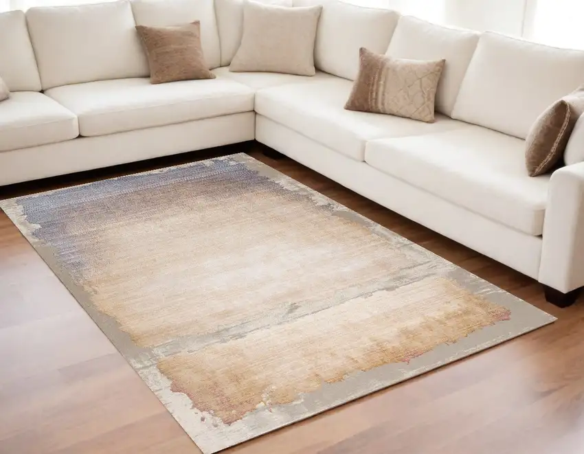 Beige and Blue Abstract Non Skid Area Rug Photo 1