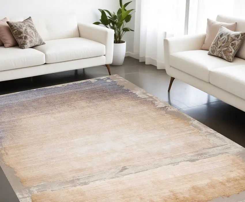 Beige and Blue Abstract Non Skid Area Rug Photo 1