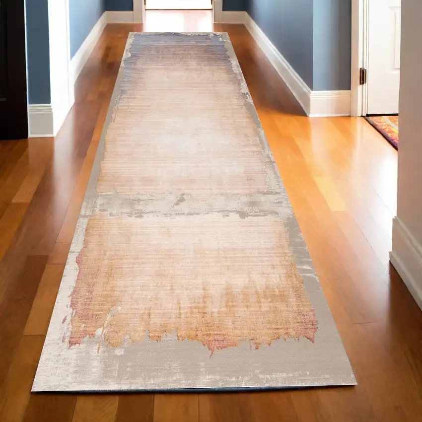 20' Beige And Blue Abstract Runner Rug Photo 1