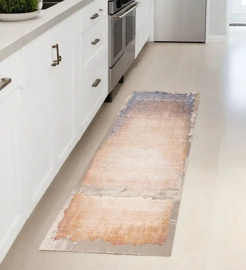 Beige and Blue Abstract Power Loom Runner Rug Photo 1