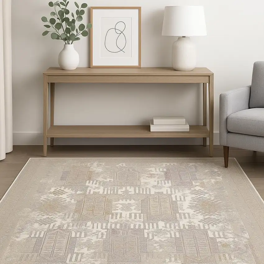 Beige and Ivory Medallion Power Loom Distressed Area Rug Photo 1