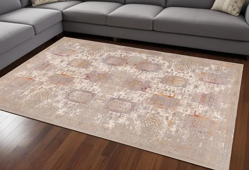 Beige and Ivory Medallion Non Skid Area Rug Photo 1
