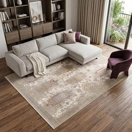 Beige and Ivory Medallion Non Skid Area Rug Photo 1