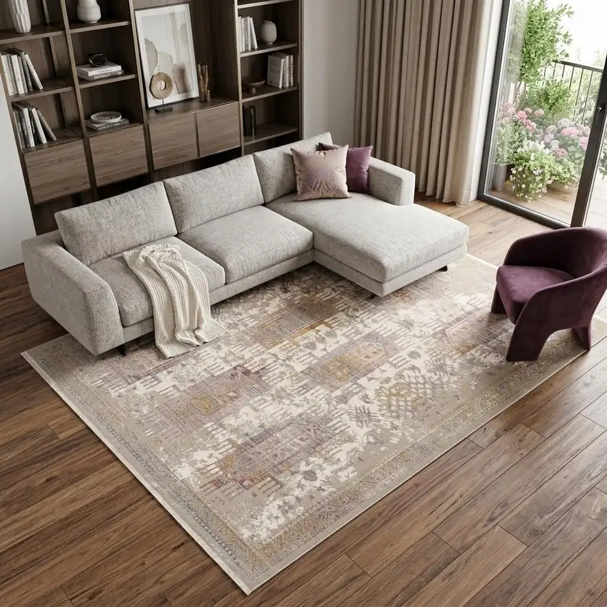 Beige and Ivory Medallion Non Skid Area Rug Photo 1