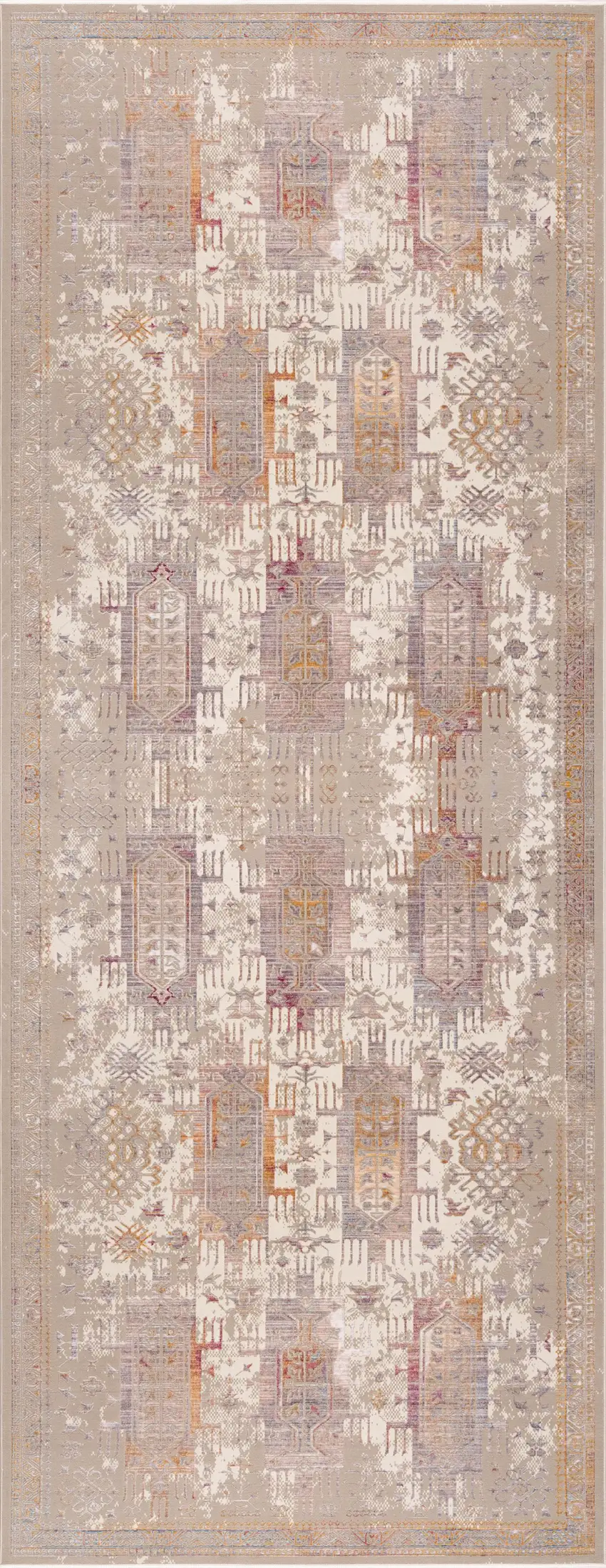 Beige Faded Tribal Motifs Runner Rug Photo 6