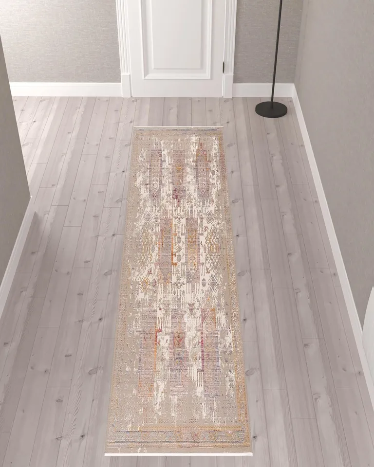 Beige Faded Tribal Motifs Runner Rug Photo 4
