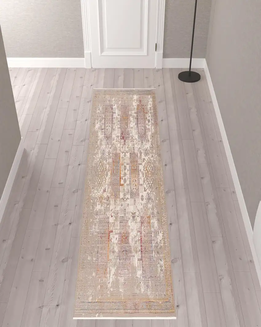 Beige Faded Tribal Motifs Runner Rug Photo 5
