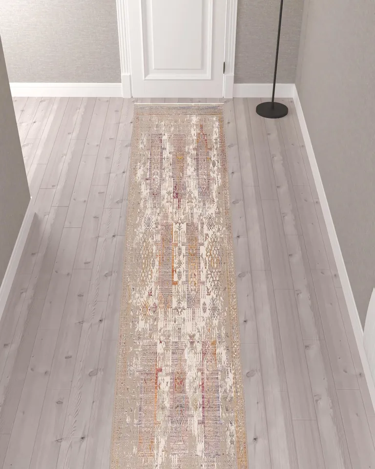 Beige Faded Tribal Motifs Runner Rug Photo 3