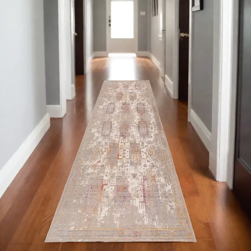 Beige and Ivory Medallion Power Loom Distressed Runner Rug Photo 1