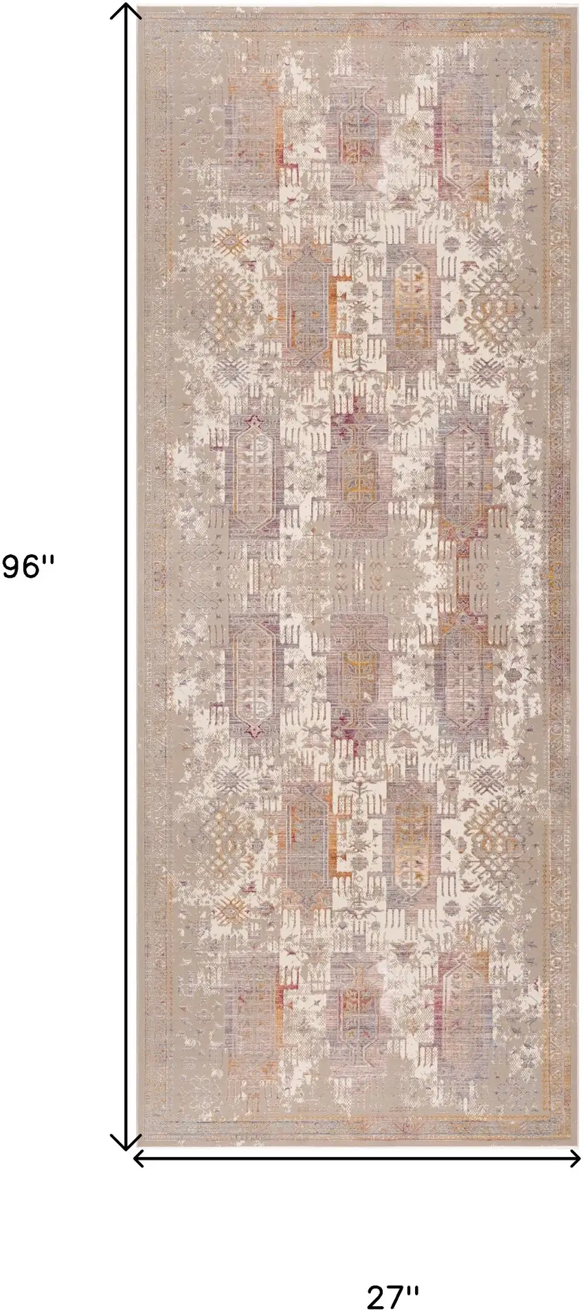 Beige and Ivory Medallion Power Loom Distressed Runner Rug Photo 3