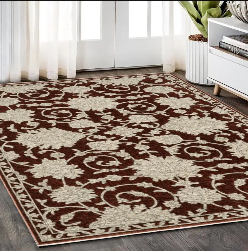 Beige Floral Area Rug With Fringe Photo 1