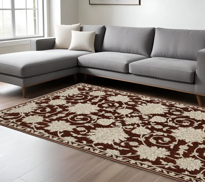 Beige Floral Area Rug With Fringe Photo 1