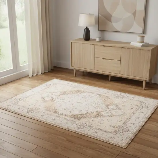 Beige Floral Distressed Area Rug Photo 1