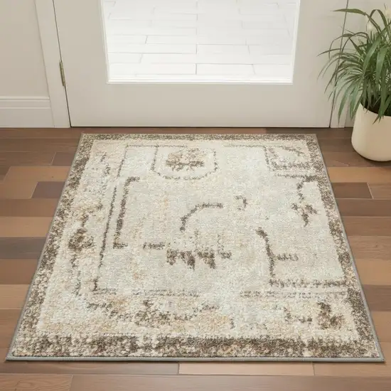 Beige Floral Distressed Area Rug Photo 1