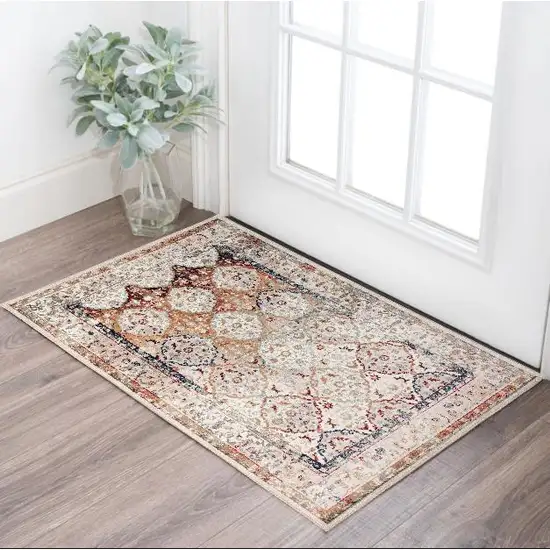 Beige Rust and Navy Floral Medallion Power Loom Area Rug Photo 1