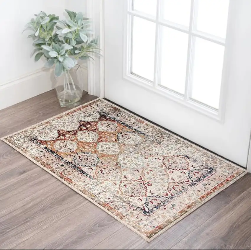 Beige Rust and Navy Floral Medallion Power Loom Area Rug Photo 1