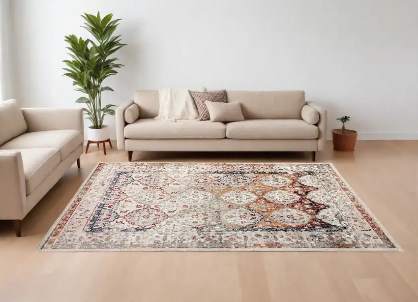 Beige Floral Medallion Power Loom Area Rug Photo 1