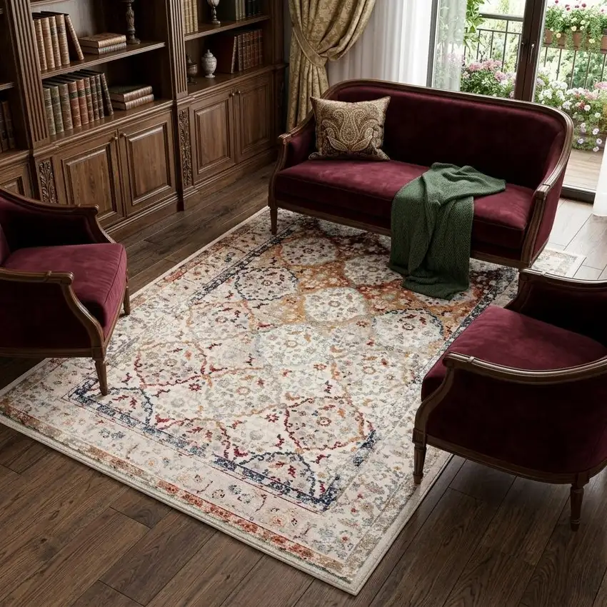 Beige Rust and Navy Floral Medallion Power Loom Area Rug Photo 1