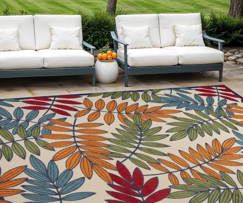 Ivory Blue and Orange Indoor Outdoor Area Rug Photo 1