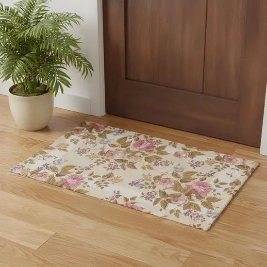 Beige Floral Power Loom Non Skid Area Rug Photo 1