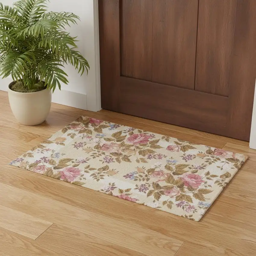 Beige Floral Power Loom Non Skid Area Rug Photo 1