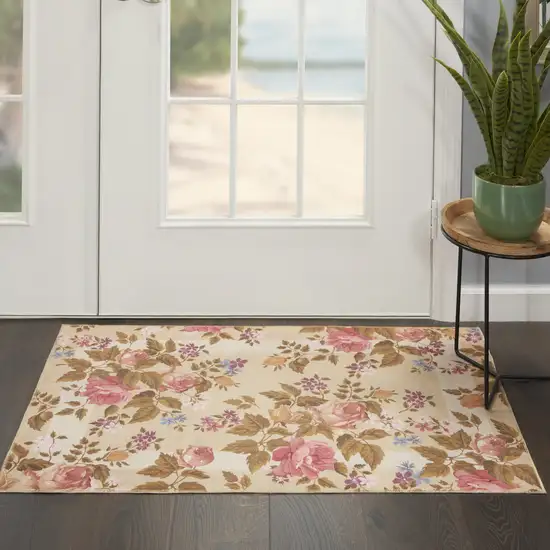 Beige Floral Power Loom Non Skid Area Rug Photo 5