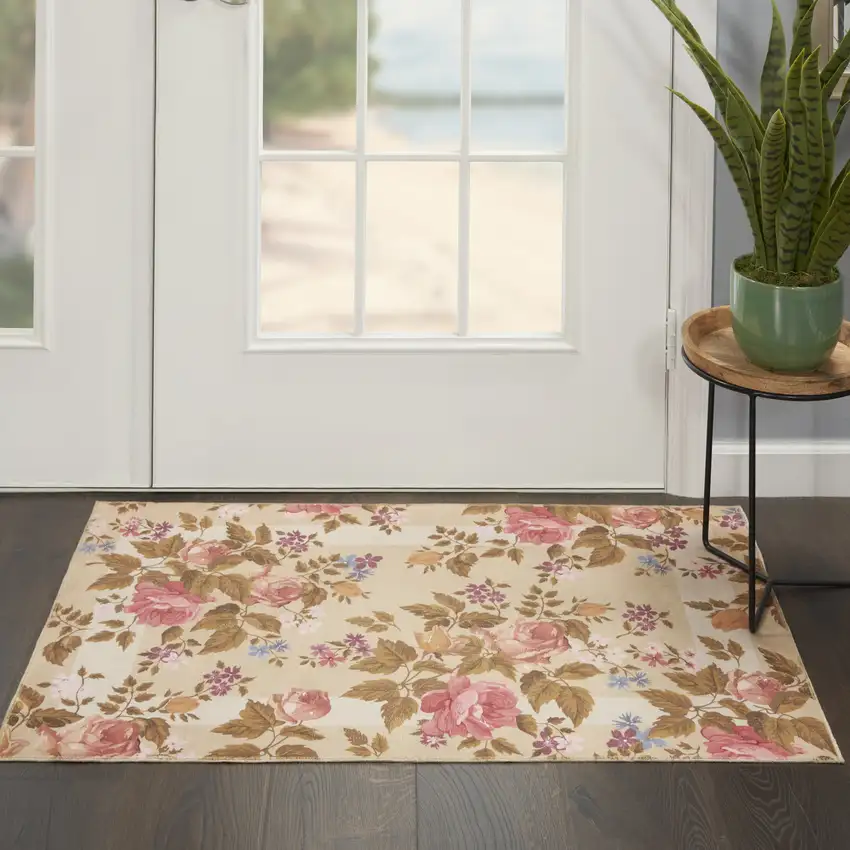 Beige Floral Power Loom Non Skid Area Rug Photo 5