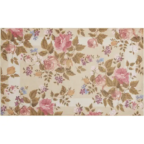 Beige Floral Power Loom Non Skid Area Rug Photo 2