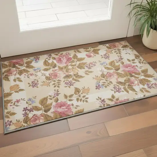 Beige Floral Power Loom Non Skid Area Rug Photo 1