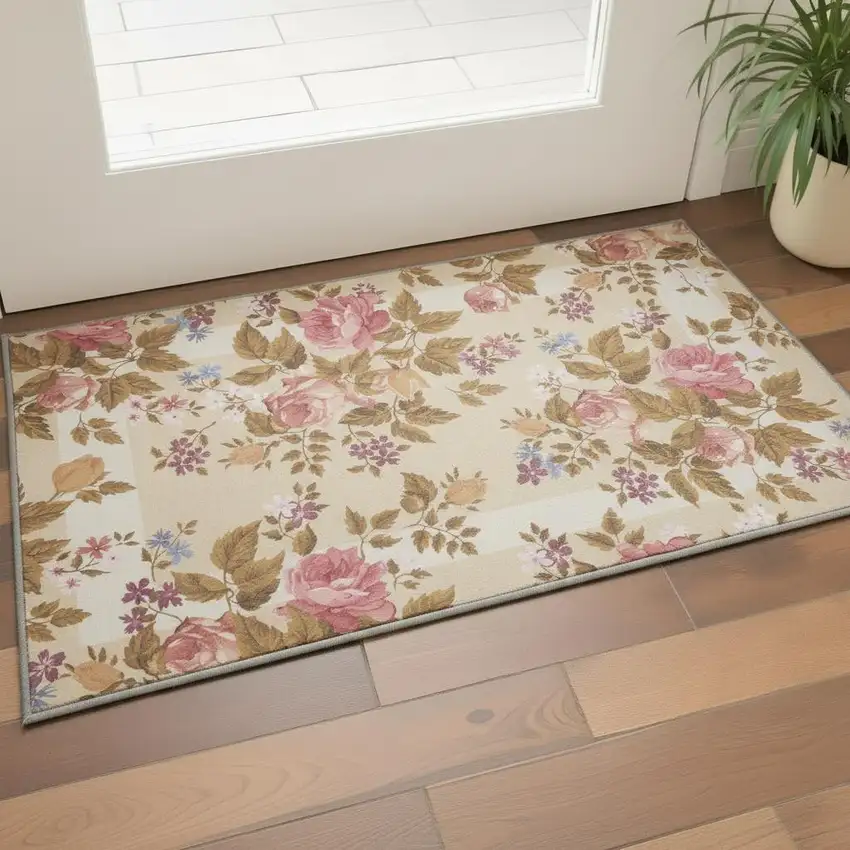 Beige Floral Power Loom Non Skid Area Rug Photo 1