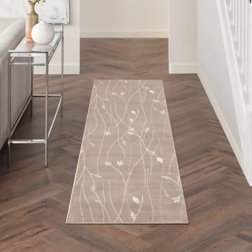 Beige Floral Power Loom Runner Rug Photo 8