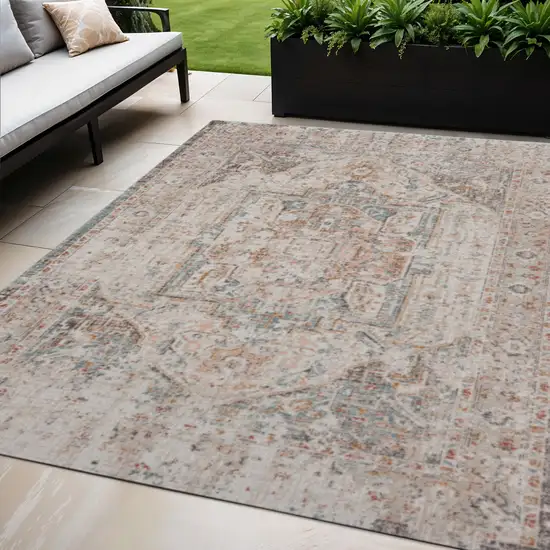 Beige Floral Stain Resistant Indoor Outdoor Area Rug Photo 1