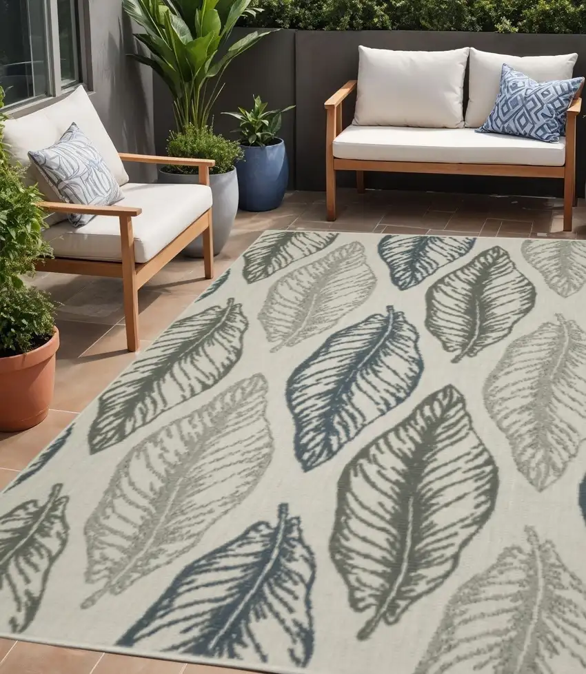 Beige Floral Stain Resistant Indoor Outdoor Area Rug Photo 1