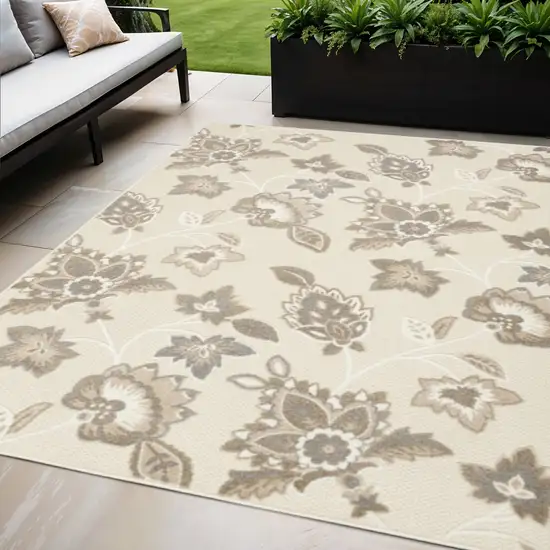 Beige Floral Stain Resistant Non Skid Area Rug Photo 1