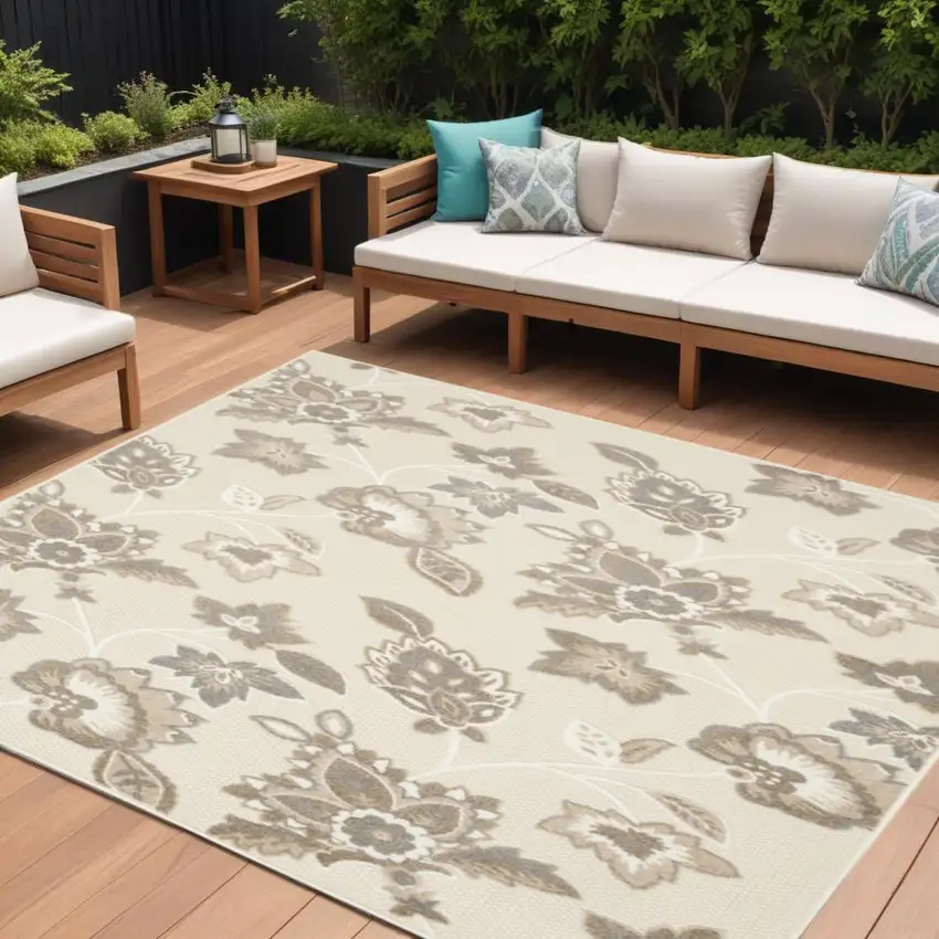 Beige Floral Stain Resistant Non Skid Area Rug Photo 1