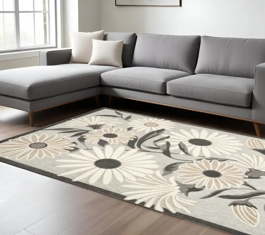 Beige Floral Stain Resistant Non Skid Area Rug Photo 2