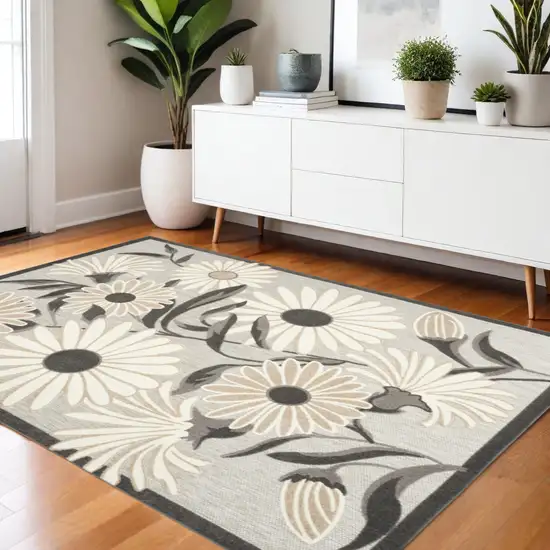 Beige Floral Stain Resistant Non Skid Area Rug Photo 2