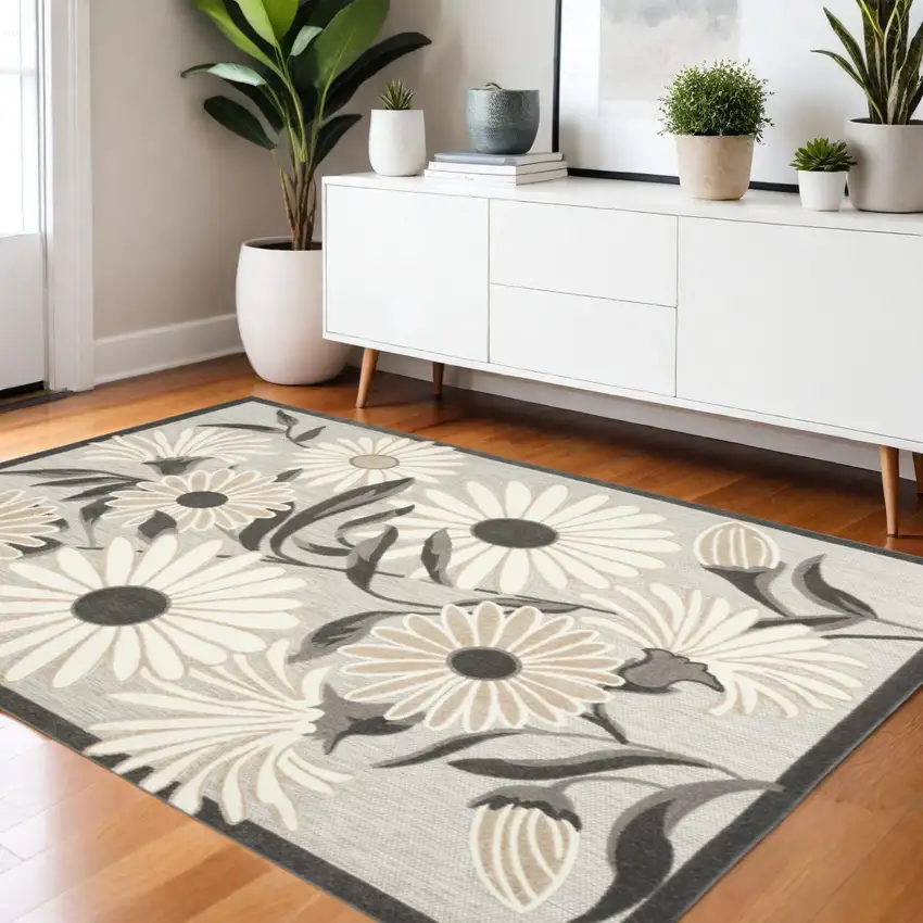 Beige Floral Stain Resistant Non Skid Area Rug Photo 2