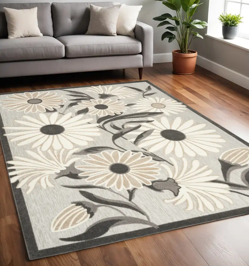 Beige Floral Stain Resistant Non Skid Area Rug Photo 2