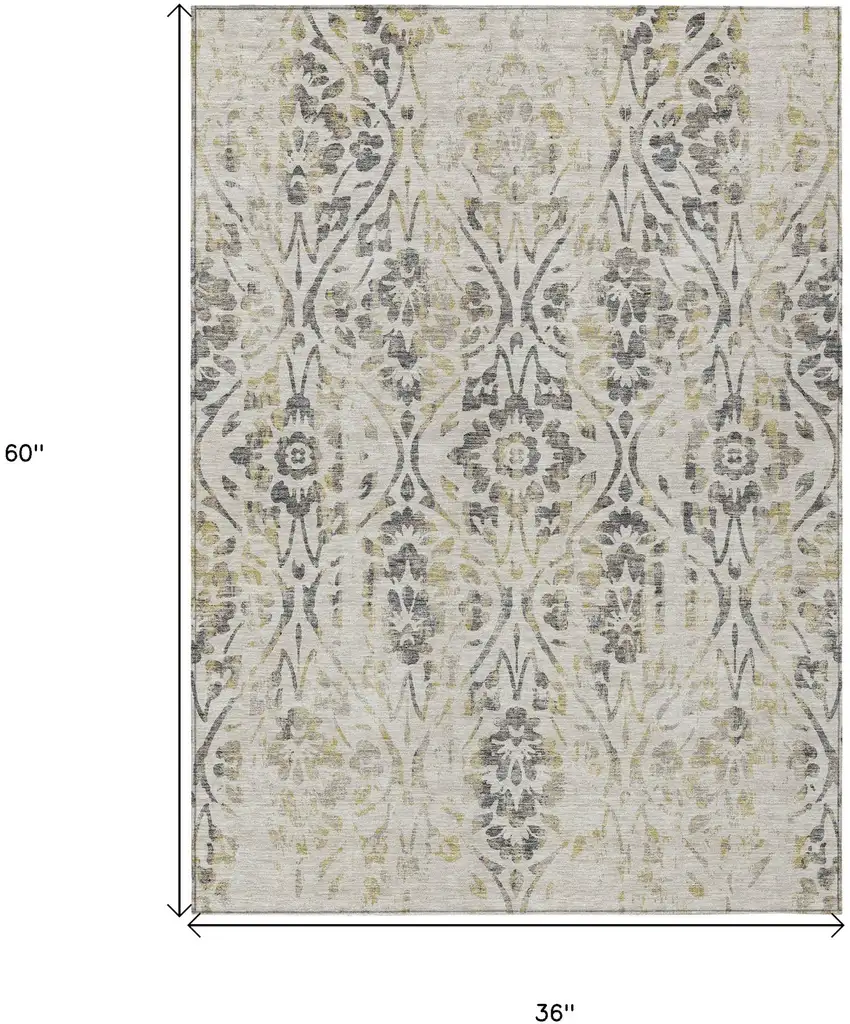 Beige Floral Washable Indoor Outdoor Area Rug Photo 3