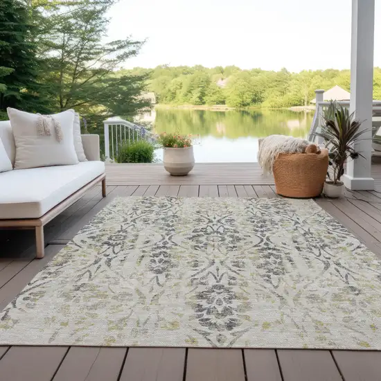 Beige Floral Washable Indoor Outdoor Area Rug Photo 8