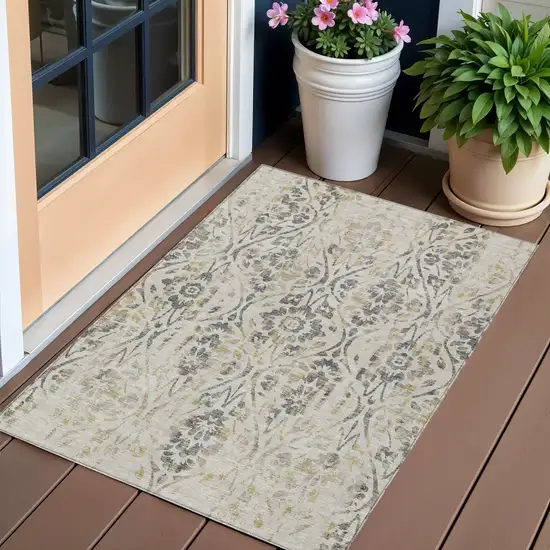 Beige Floral Washable Indoor Outdoor Area Rug Photo 1