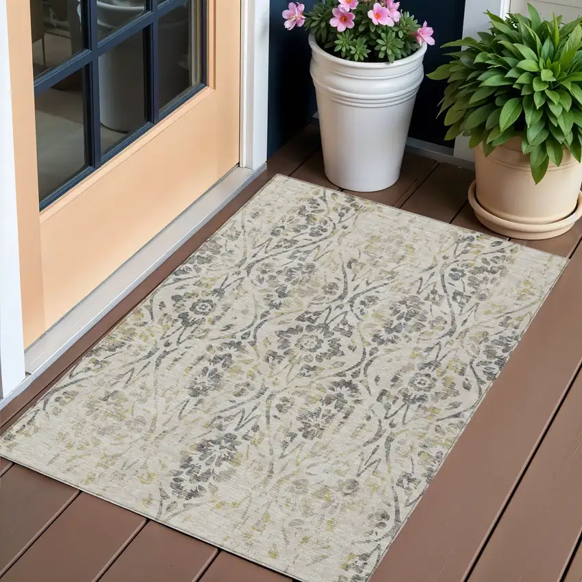 Beige Floral Washable Indoor Outdoor Area Rug Photo 1
