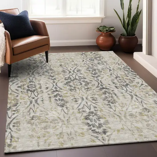 Beige Floral Washable Indoor Outdoor Area Rug Photo 9
