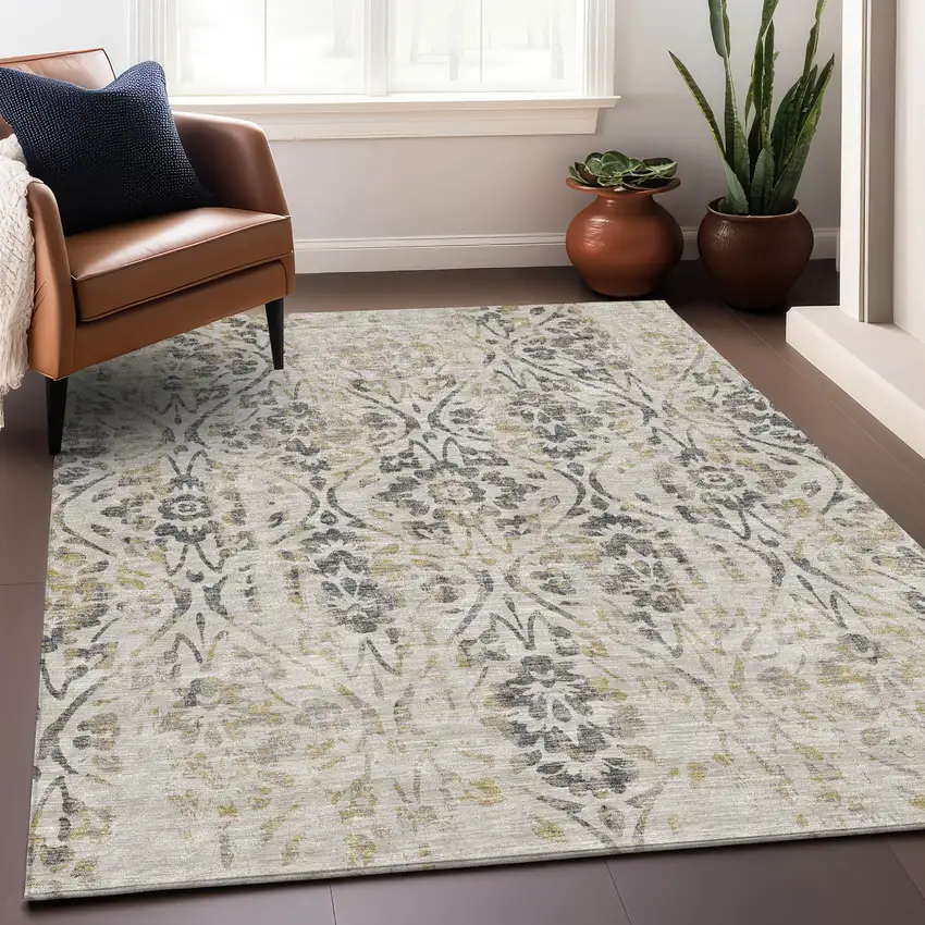 Beige Floral Washable Indoor Outdoor Area Rug Photo 9