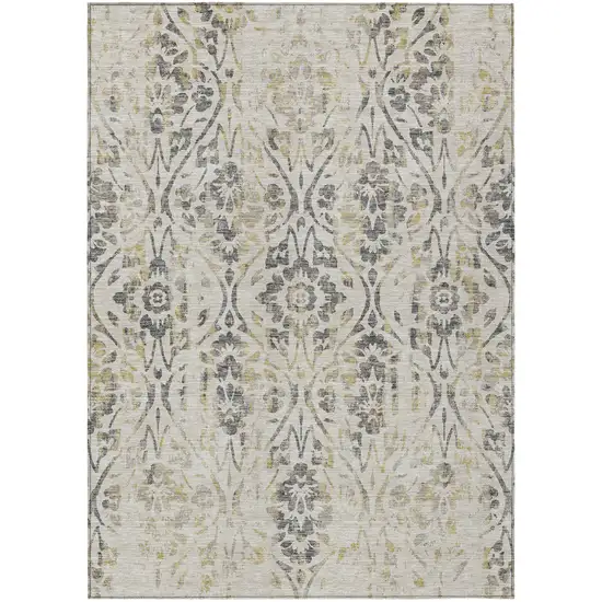 Beige Floral Washable Indoor Outdoor Area Rug Photo 2